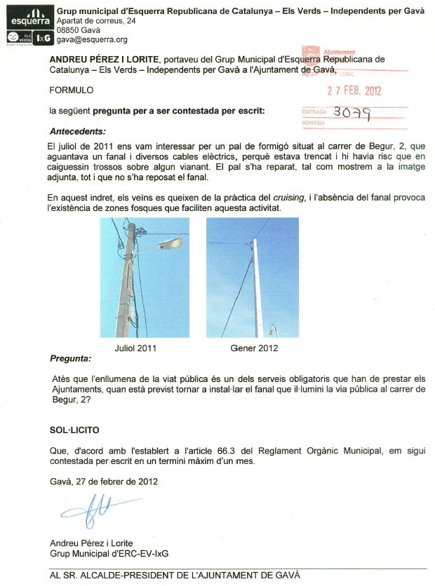 Pregunta escrita presentada per ERC a l'Ajuntament de Gav sobre els problemes d'illuminaci del carrer de Begur de Gav Mar (27 de Febrer de 2012)